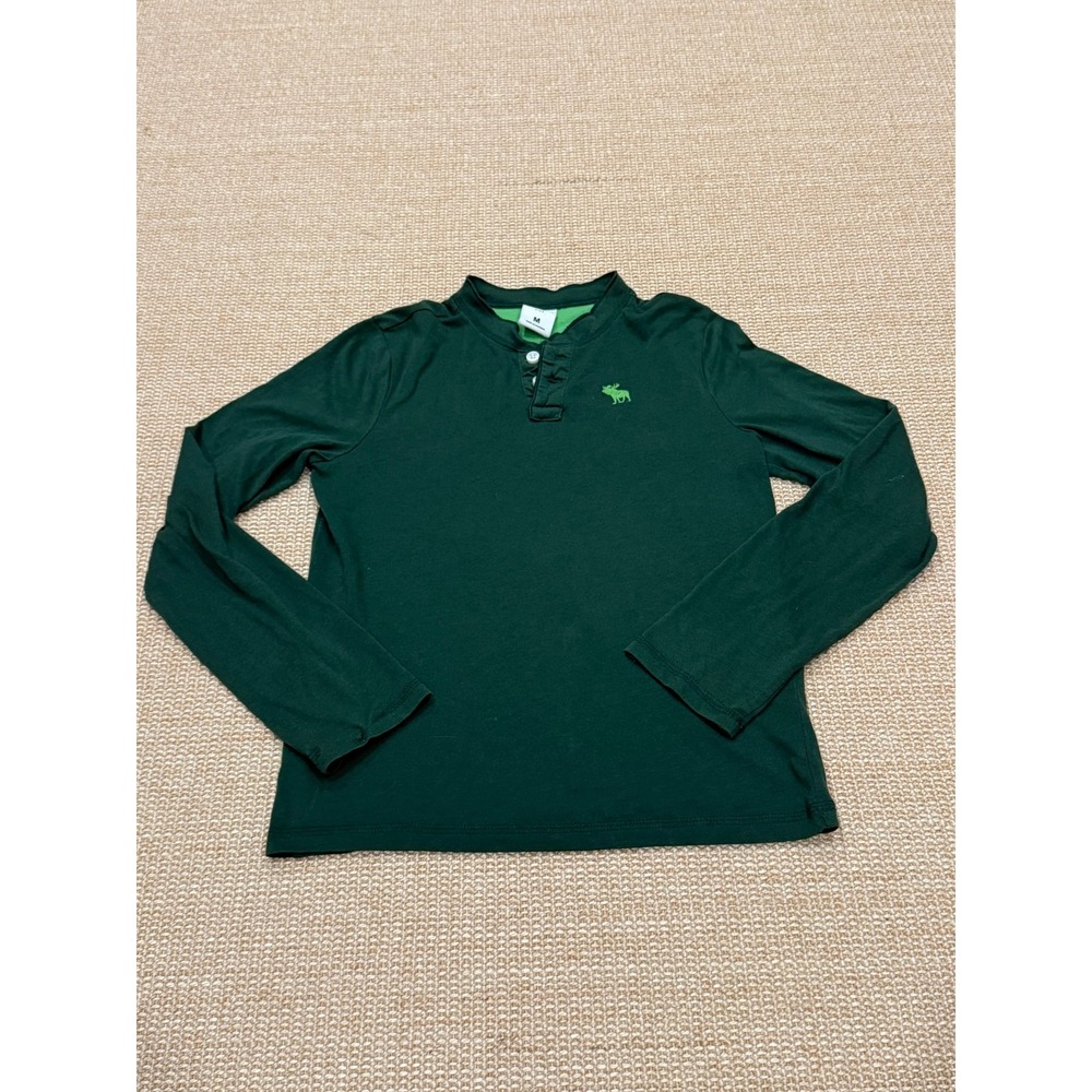 Abercrombie Kids Boys Forest Green Long Sleeve Henley Shirt Size M Moose Logo